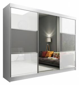Šatní skříň s posuvnými dveřmi a zrcadlem FLORIDA - bílá / šedá