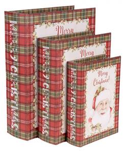 Sada 3 vánočních úložných boxů ve tvaru knihy se Santa Clausem a skotskou kostkou – 27x22x7 / 22x17x6 / 17x12x4 cm