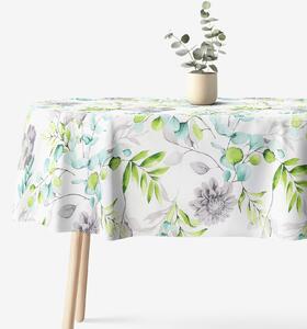 Goldea oválný ubrus 100% bavlněné plátno deluxe - eukalyptus s květy 140 x 220 cm