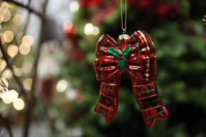 Červená károvaná vánoční ozdoba mašle 10cm