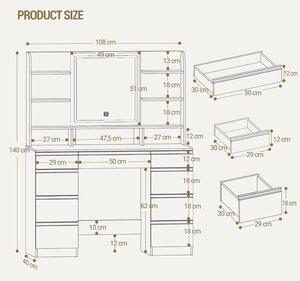 Kosmetický stolek s LED osvětlením – Toaletní stolek – Pro péči o krásu – Tři barevné režimy – 108 x 140 cm – Bílá a hnědá barva