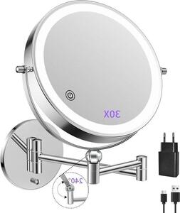 Nabíjecí kosmetické zrcadlo – osvětlené nástěnné zrcadlo – ideální pro detailní líčení – dotykové ovládání s 3 barvami – průměr 20 cm – černá barva