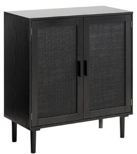 SucceBuy Sideboard 80 x 36 x 88 cm, skříňka s ratanovými detaily, 2 magnetickými dvířky a nastavitelnými policemi, komoda s dřevěnými nohami a otvorem pro kabel, vhodná do chodby, vstupní haly, obývacího pokoje, černá