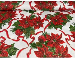 Dekorační látka bavlna Vánoční růže na bílém, š. 140 cm Rudá Vzorek (10x10 cm +/-1 cm)