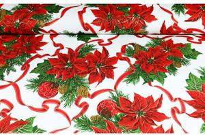 Dekorační látka bavlna Vánoční růže na bílém Rudá Šířka 140 cm