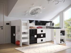 Patrová postel s psacím stolem Tomson 1, Matrace: ne, Barva: Bílá + Černý lesk + Bílý lesk 5902928922882