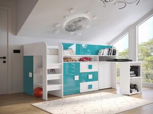 Patrová postel s psacím stolem Tomson 1, Matrace: ne, Barva: Bílá + Tyrkys lesk + Bílý lesk 5902928922851