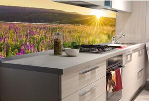DIMEX | Fototapeta do kuchyně Sluneční paprsky nad loukou KI-180-201 | 180 x 60 cm | žlutá, zelená, fialová