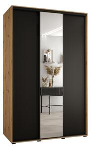 Šatní skříň s posuvnými dveřmi a zrcadlem DAVOS 160cm |DUB Artisan / černá / černé pojezdy