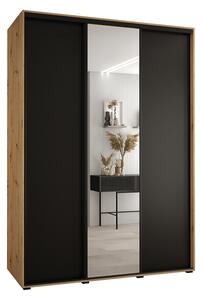 Šatní skříň s posuvnými dveřmi a zrcadlem DAVOS 170cm |DUB Artisan / černá / černé pojezdy