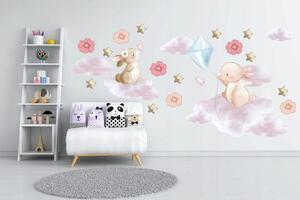 Růžová nálepka na zeď s roztomilými zajíčky 80 x 160 cm