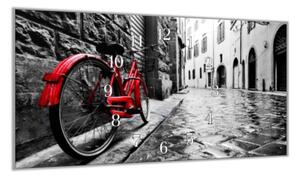 Nástěnné hodiny 30x60cm retro červené kolo dlážděná ulice - kalené sklo