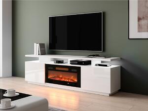 TV skříňka Aniceto s krbem, Osvětlení: osvětlení LED, Barva: bílá / bílá lesk, Krb: černý 5903211132155