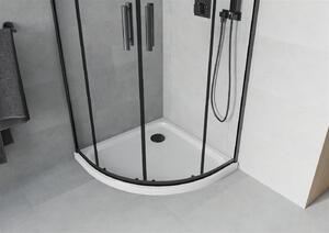 Mexen Rio, čtvrtkruhový sprchový kout s posuvnými dveřmi 90 x 90 cm, 5mm čiré sklo, černý profil + bílá sprchová vanička, 863-090-090-70-00-4110B