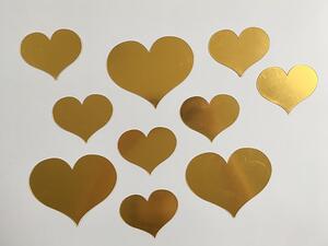 10 zlatých zrcadlových srdíček 10 ks, největší srdce 10,5 x 9 cm