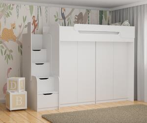 Vyvýšená postel DORY II včetně úložného prostoru a šatní skříně (Bílá)