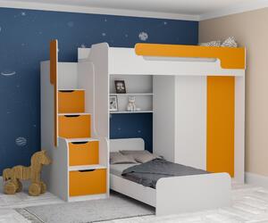 Patrová postel DORY III pro 2 osoby včetně úložného prostoru a šatní skříně (Oranžová)