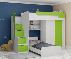 Patrová postel DORY III pro 2 osoby včetně úložného prostoru a šatní skříně (Zelená)