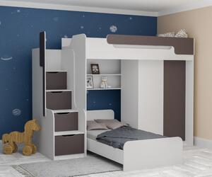 Patrová postel DORY III pro 2 osoby včetně úložného prostoru a šatní skříně (Šedá)