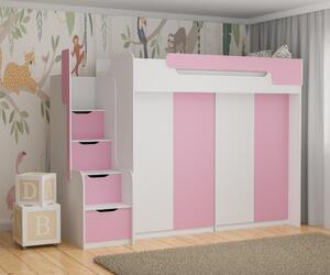 Vyvýšená postel DORY II včetně úložného prostoru a šatní skříně (Růžová)