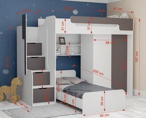 Patrová postel DORY III pro 2 osoby včetně úložného prostoru a šatní skříně (Šedá)