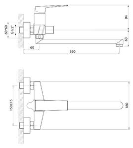 RITMO nástěnná umyvadlová/vanová baterie, rozteč 150mm, chrom (otočný přepínač)