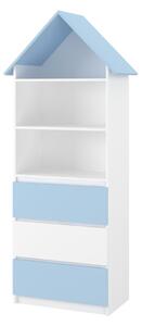 Dřevěná knihovna/skříň na hračky Nellys Domeček A3, bílá/modrá - -
