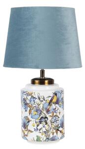 Bílá stolní lampa s malbou ptáčků a lístků na podstavci a modrým stínidlem – 25x41 cm