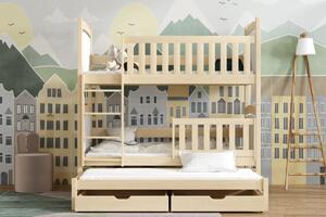 Patrová postel pro tři Amelia, Borovice přírodní, 90x200 cm