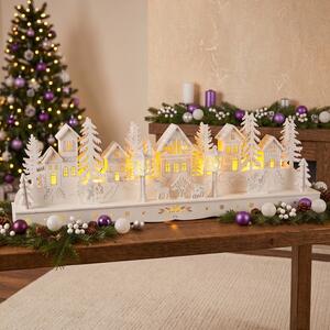 Dřevěná LED dekorace VESNICE bílá délka 45 cm