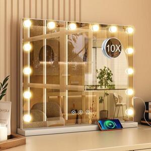 Zrcadlo s osvětlením – hollywoodské zrcadlo – ideální pro líčení – 14 stmívatelných lamp – 50x40 cm – bílé
