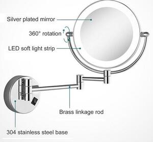 Zrcadlo s LED osvětlením – nástěnné zrcadlo s lupou – pro detailní péči – otočné o 360 stupňů – napájení ze sítě – chromovaný povrch