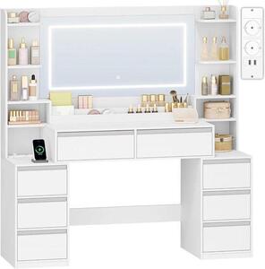 Kosmetický stolek se zrcadlem a osvětlením – toaletní stolek – pro líčení – s integrovanými zásuvkami – rozměry 40x135x1452 cm – bílá a stříbrná barva
