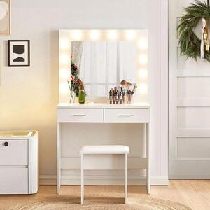 Toaletní stolek se zrcadlem – Kosmetický stolek s židličkou – Stolek na líčení – Nastavitelné LED osvětlení – 80x40x140 cm – Bílá barva