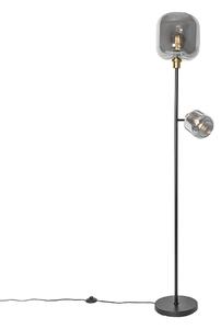 Stojací lampa černá se zlatem a kouřovým sklem 2-světlo - Zuzanna
