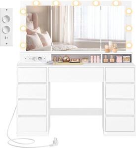 Kosmetický stolek se zrcadlem - Toaletní stolek - Pro líčení - S elektrickými zásuvkami - 107 x 40 x 144 cm - Bílá barva