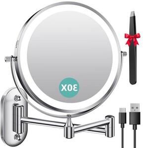 Zrcadlo do koupelny s osvětlením – nástěnné zrcadlo – pro precizní líčení – otočné o 360 stupňů – zvětšení 30x – chromovaný povrch