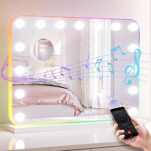 Zrcadlo do koupelny ve stylu Hollywoodu – Zrcadlo na líčení – Denní líčení – S Bluetooth – 58 x 45 cm – Růžové