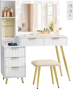 Kosmetický stolek Kaptafel s židlí - Toaletní stolek se zrcadlem - Péče o krásu - Nastavitelné LED osvětlení - Šířka 110 cm - Barva: oblaková bílá