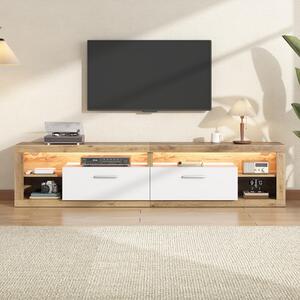 TV stolek o rozměrech 180x35,5x50 cm vyrobený z dřevotřísky s povrchem imitujícím přírodní dřevo a bílou barvou, s úložným prostorem a LED osvětlením ovládaným aplikací, určený do obývacího pokoje