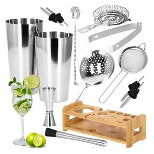 Barmanská sada s dřevěným stojanem 14 dílů, nerezová SPRINGOS GROFF