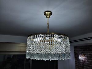 Mosazný lustr s 10-ti žárovkami a dlouhými křišťálovými hranoly - matovaná mosaz B