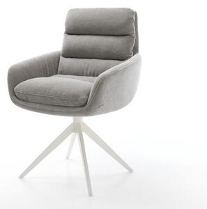DELIFE Jídelní židle Abelia-Flex s područkami potahová látka Měkký šedá křížová podnož široká bílá 360° otočný houpací funkce