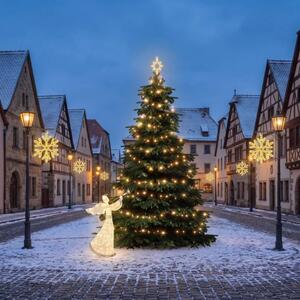 Vianočná sada pre obce „Snehová vločka VI“, strom 3–5 m, 8× „Snehová vločka VI“ na verejné osvetlenie, 3D LED anjel 122 cm, teplá biela