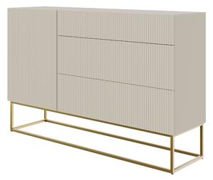 Selsey VELDIO - Komoda se 3 zásuvkami, šedobéžová taupe se zlatým kovovým rámem, šířka 140 cm