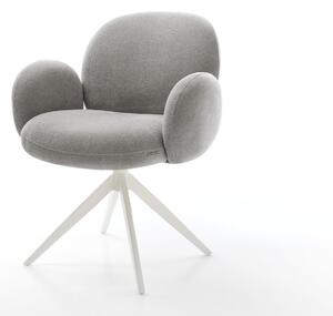 DELIFE Jídelní židle Nube-Flex s područkami potahová látka Měkký šedá křížová podnož široká bílá 360° otočný houpací funkce taštičkové pružiny