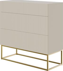 Selsey VELDIO - Komoda se 3 zásuvkami, šedobéžová taupe se zlatým kovovým rámem, šířka 90 cm