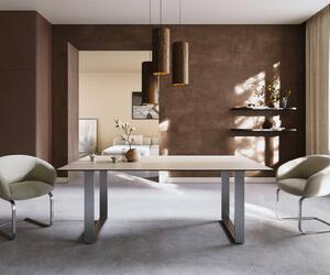 DELIFE Jídelní stůl Edge 200x100 keramika Laminam® Travertino Bianco krémová bílá nerezová ocel úzký