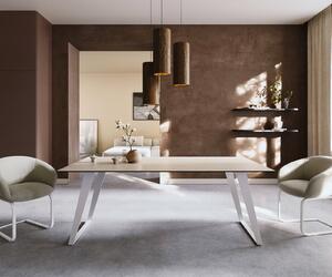 DELIFE Jídelní stůl Edge 200x100 keramika Laminam® Travertino Bianco krémová bílá kov šikmý bílý