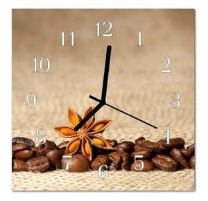 Nástěnné hodiny 30x30cm zrna kávy, badyán na tkanině - plexi